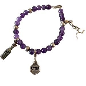 Amethyst purple gemstone bracelet w charms multi charm sterling silver 925 SJC